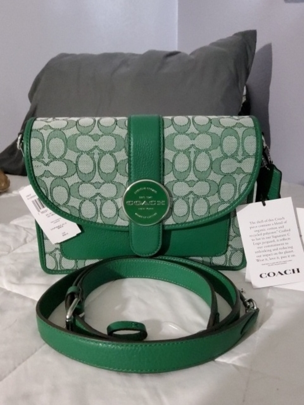 Coach Green Signature Canvas Crossbody with Leather Trim